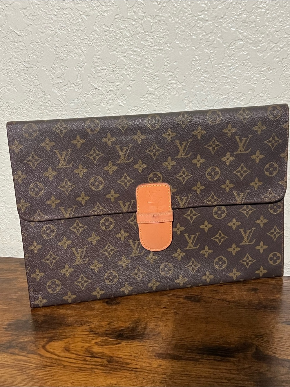Vintage 90s Brown Monogram Envelope Clutch with Tan Tab